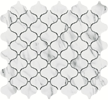 White Arabesque Glass Mosaic Tile, Carrara Marble Look Lantern Pattern, Matte Finish Backsplash Tile, Shower Wall &