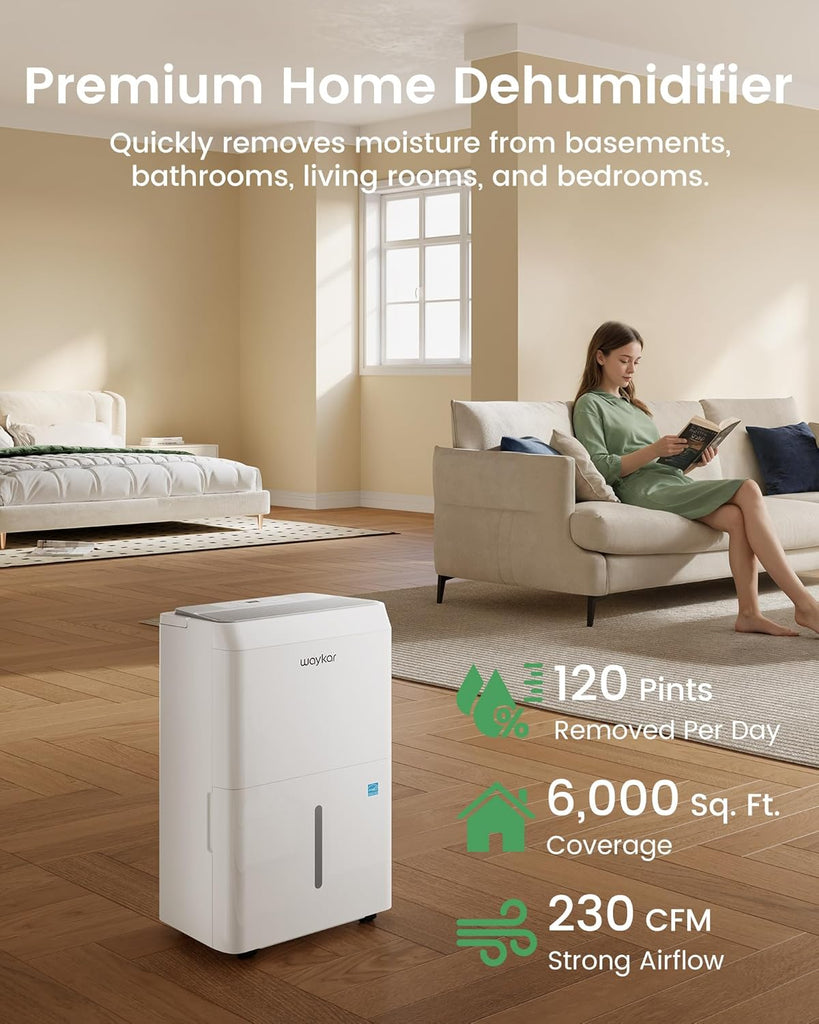 6000 Sq.Ft Energy Star Dehumidifier for Basement & Home, 120 Pint/Day with Drain Hose & Tank, Ultra Quiet (40 dB)