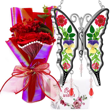 Gift for Mom Butterfly Suncatcher with Rose Flower Bouquet Set, Red
