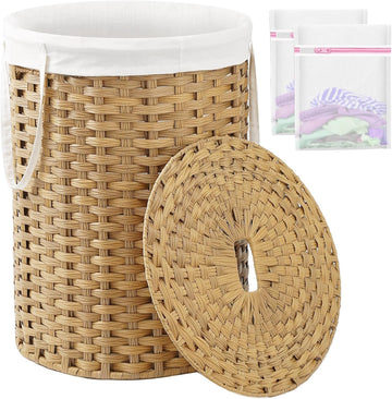 Laundry Basket with Lid Round 29.1 Gal PE Rattan, Natural | Family Clothes & Blanket Trunk with Lid, Removable Liner