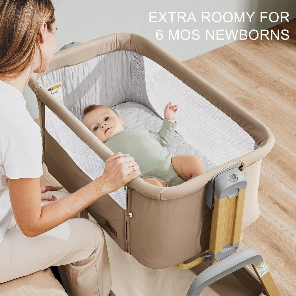 3-in-1 Baby Bassinet, Bedside Sleeper, Rocking Mode, Wheels (Khaki) | 5 heights, breathable mesh, comfy mattress with