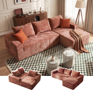 95" Boneless Couch, L-Shape Sectional with Right Chaise, Rust Red