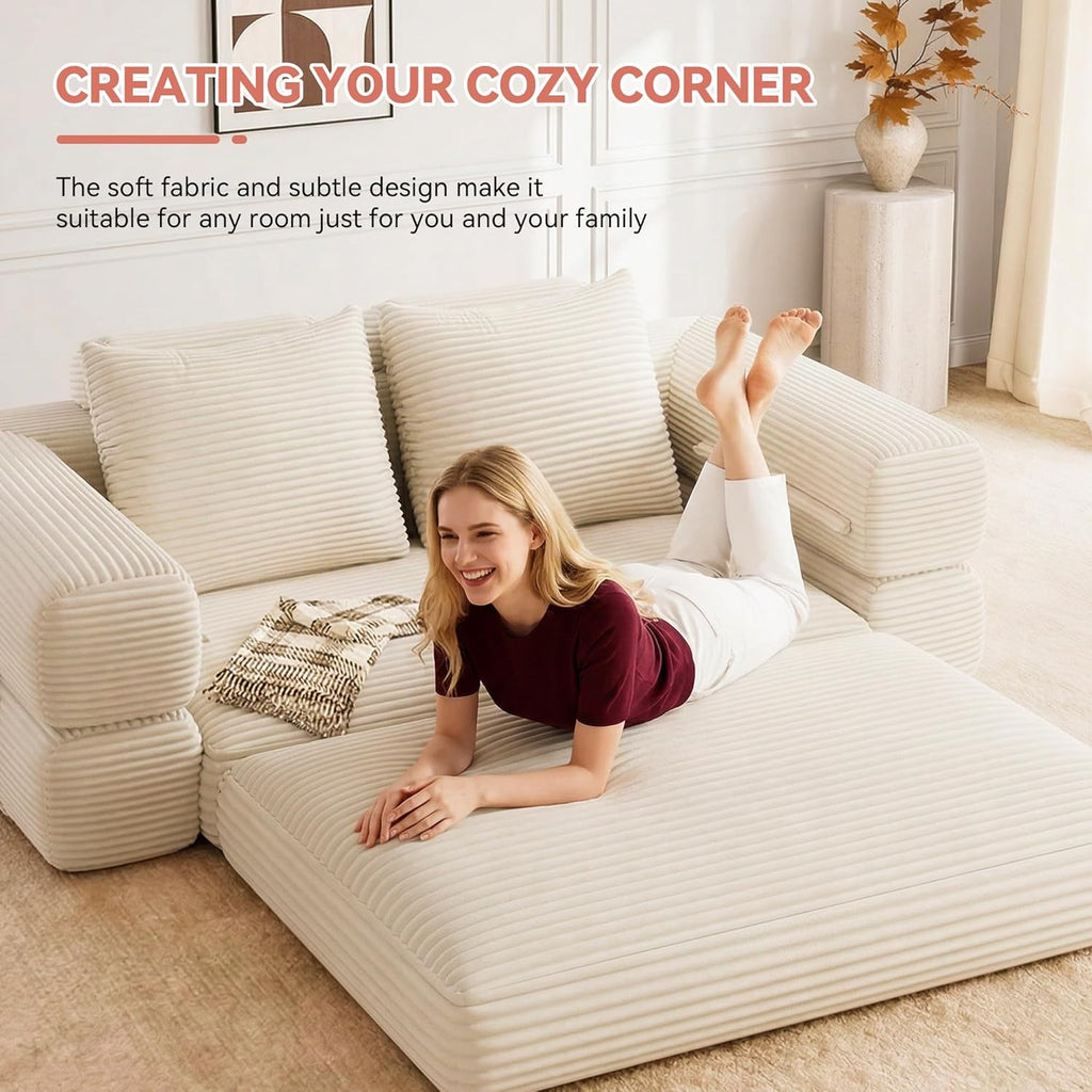 4-in-1 Convertible Folding Sofa Bed, 78"W x 68"L Queen Size Foldable Sleeper Sofa Bed, Wide Corduroy Upholstery