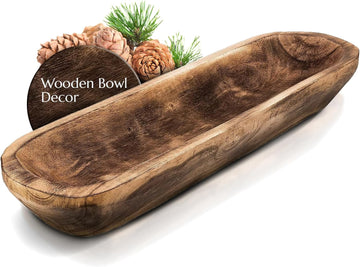 Wooden Dough Bowl for Decor - 173⁄4 in Long Hand Carved Paulownia, Large Rustic Decorative Bowl Table Centerpiece
