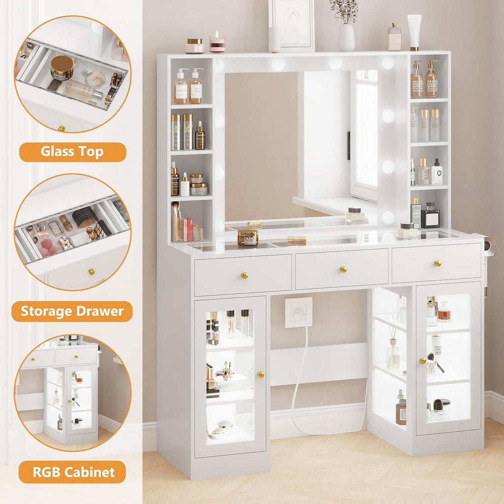 White Vanity Desk with Mirror and Lights, Glass Top Vanity with Lighted Mirror & RGB Glass Cabinet and 3 Drawers