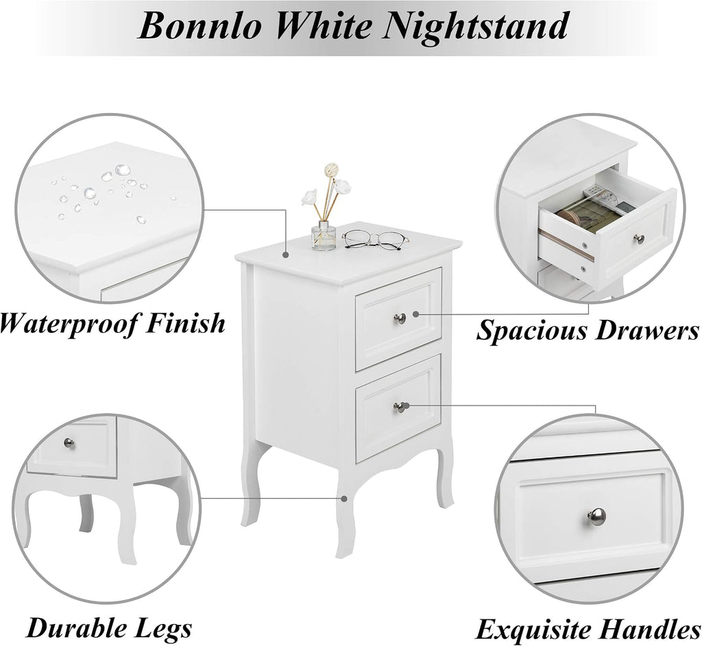 White Nightstand Set of 2, Nightstands with 2 Drawers, Bed Side Table/Night Stand, Small Nightstand , College Dorm