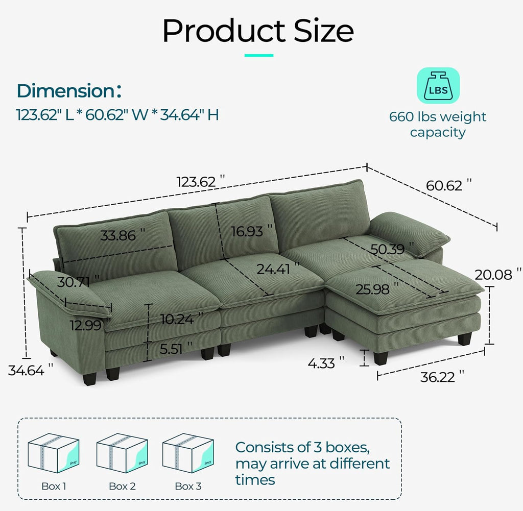 HOME 123'' Modular Sectional Sofa Green Couch Corduroy Cloud Couches for Living Room