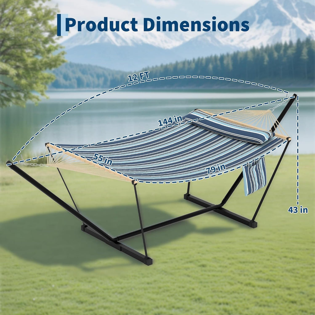 Double Hammock with Stand for Outdoor - Heavy Duty Portable 2 Person Hammock with Adjustable Steel Stand, 450 Lbs