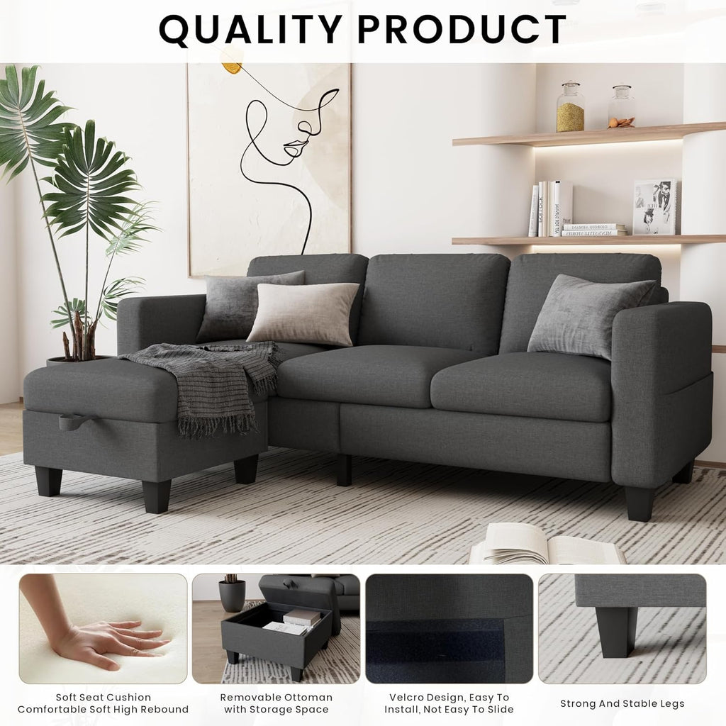 Sectional Couches for Living Room - Convertible L-Shaped Couch, Grey 3 Seater Modern Linen Sofa