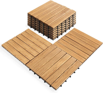Pack of 10 Deck Tiles - 12"x12" Interlocking Natural Solid Acacia Wood for Outdoor & Indoor, Patio Garden, Balcony
