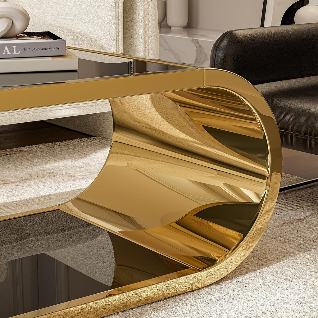 Gold Stainless with Glass Coffee Table, Modern Coffee Table, 2-Tier Glass Top with Large Space Fashion Design