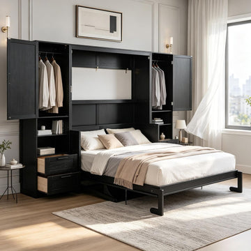 Queen Murphy Bed Cabinet with Desk & Storage, Wall Bed Cabinet Bed with Closet, Drawers and Shelves, Hidden Folding