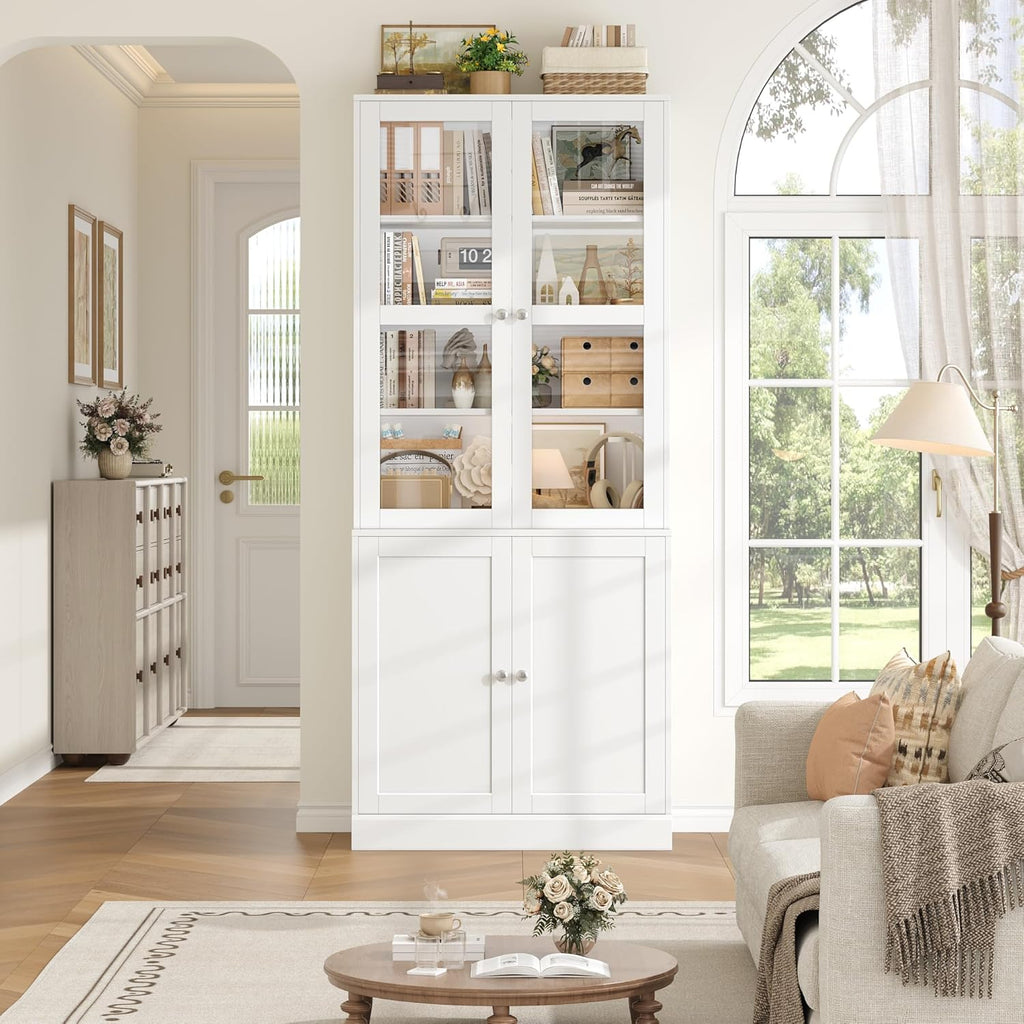 73.2" Tall Bookcase with Glass Doors, 6-Tier Book Shelf with Adjustable Shelf, Tall Bookshelf with Storage Cabinet