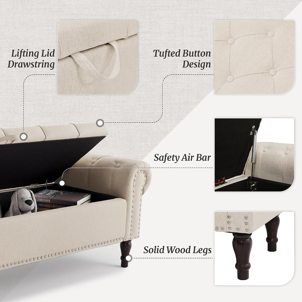 Storage Bench Ottoman, 61" King Linen Rolled Arm Bedroom End of Bed Bench, Window Bench with Button Tufted and