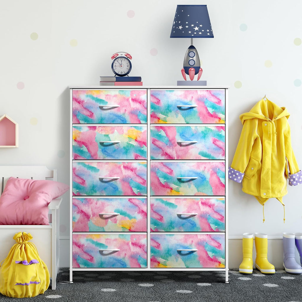 Kids Dresser with 10 Drawers - Storage Chest Organizer Unit Nightstand - Steel Frame, Wood Top, Tie-Dye Fabric Bins