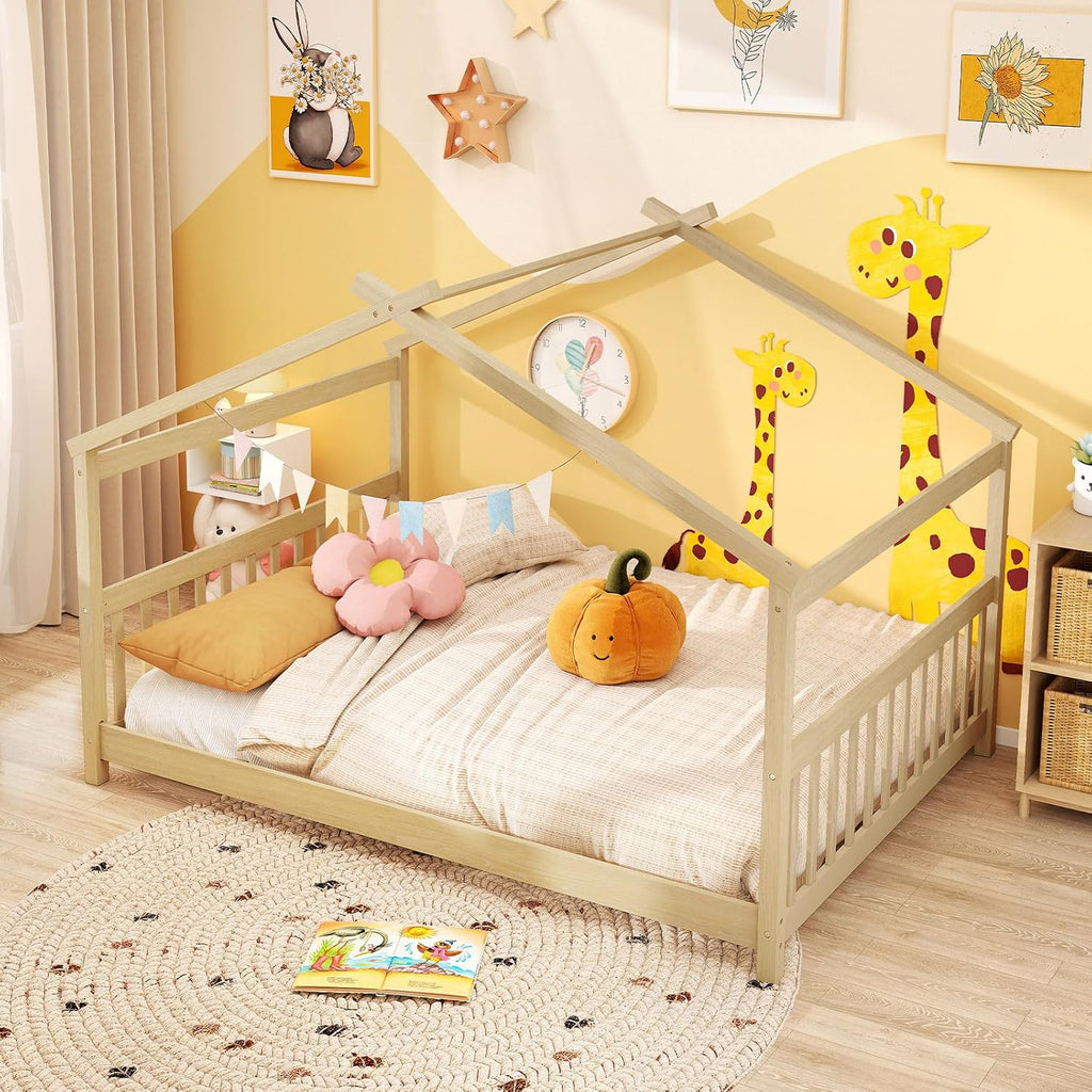 Full Size Floor Bed, Solid Wood Montessori House Bed with Roof, Headboard and Footboard, Low Full Bed Frame for Kids