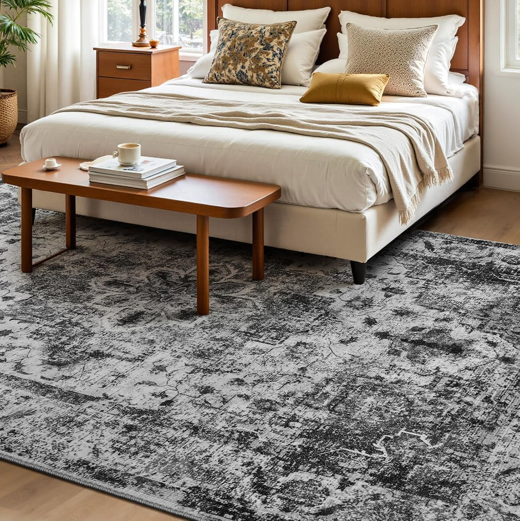 Boho Washable Rug 8x10, Black Vintage Non Slip Area Rug, Distressed Indoor Carpet for Living Room Bedroom Kitchen Office