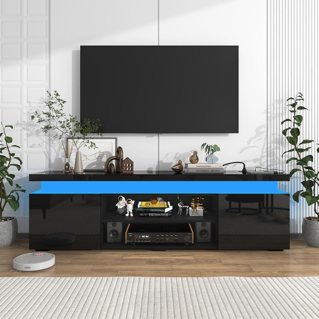 LED TV Stand for 75 Inch TV, Modern TV Stand with Power Outlet, High Gloss TV Console Entertainment Center with Storage and LED Lights for Living Room, Bedroom (66 Inch, Black)