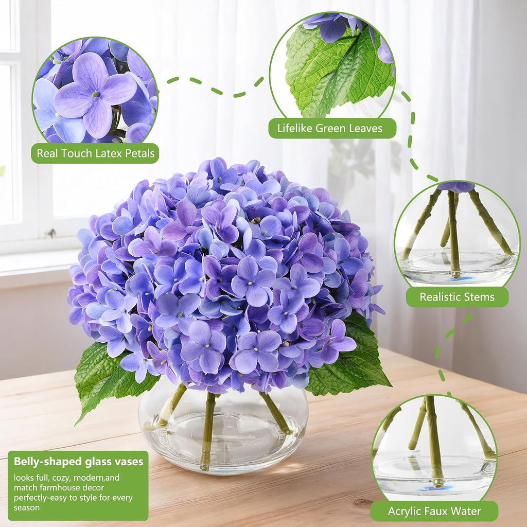 Real Touch Faux Hydrangea Flowers in Glass Vase, No Watering Needed Silk Hydrangea Artificial Flowers Wedding Decor