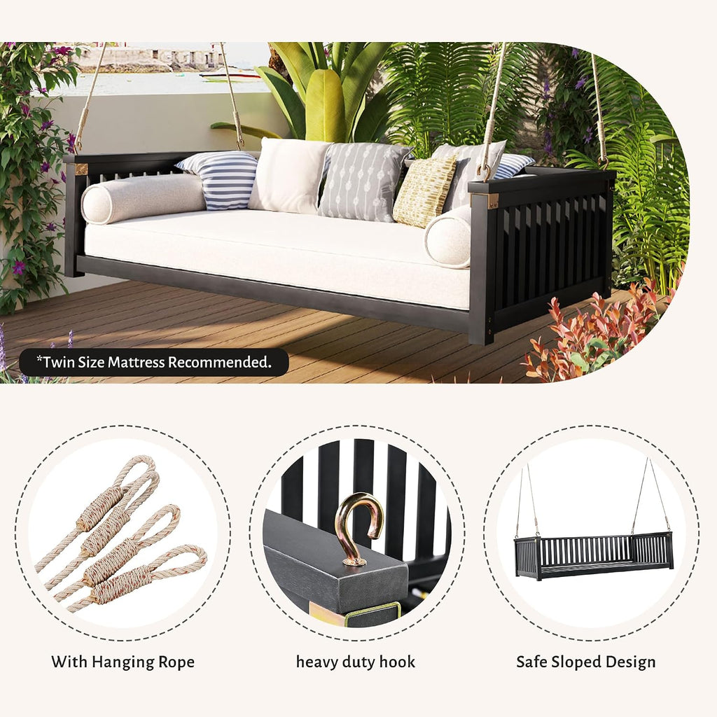 Outdoor Porch Swing Bed, Twin Size Acacia Wood Hanging Daybed with Hemp Ropes, Minimalist Patio Swing Bed for Garden