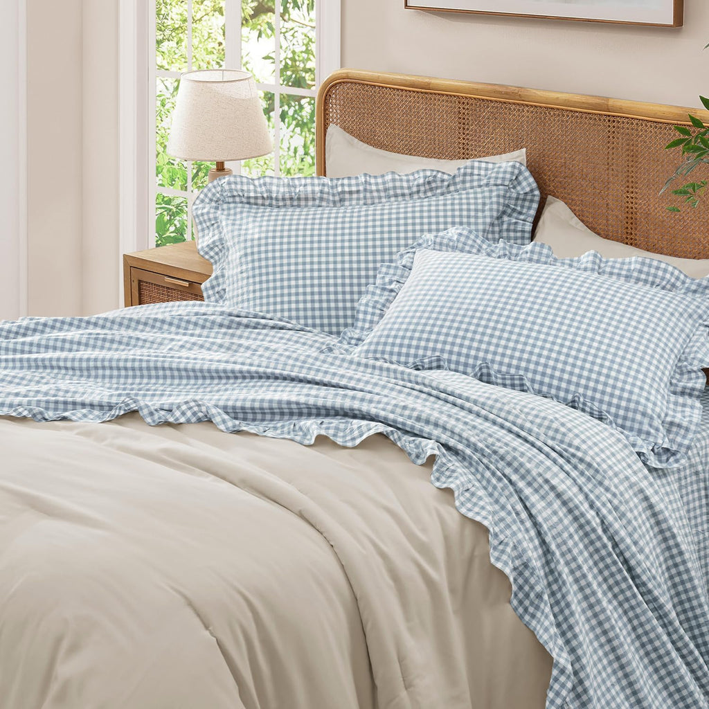 Blue Cotton Gingham Soft Breathable Sheets Set