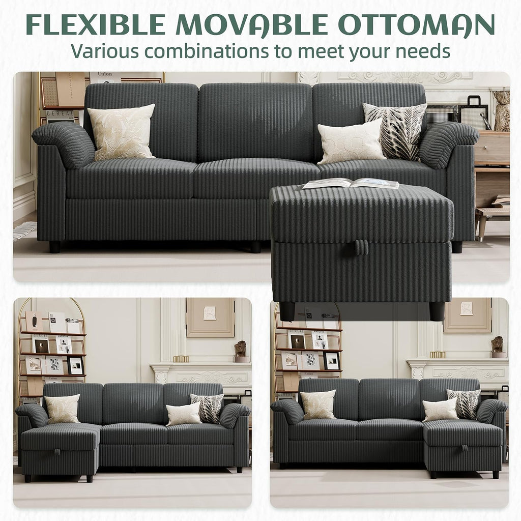 Convertible Sectional Sofa Couch, 3 Seat L Shaped Sofa with Removable Pillows Soft Corduroy Fabric Small Couch Mid