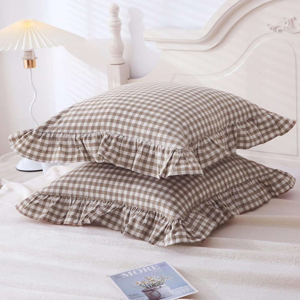 Taupe/White Plaid Euro Pillow Shams Ruffle Pillowcases Set of 2,Shabby Checkered Washed Cotton Pillow Covers-26