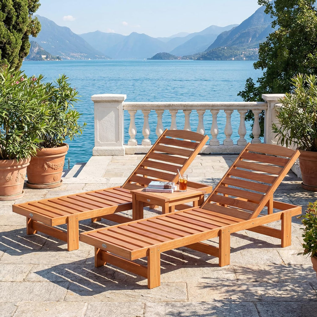 Lounge Chair Outdoor, Solid Wood Patio Chaise Lounge with 5-Level Adjustable Backrest, Wooden Slatted Beach Pool