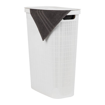 Slim Laundry Hamper with Lid, 40L Clothes Basket, Linen Design, Plastic, White
