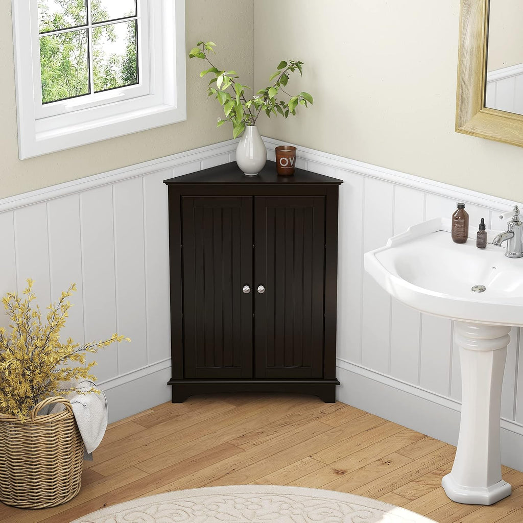 Floor Corner Cabinet with Two Doors and Shelves, Free-Standing Corner Storage Cabinets , Espresso | Space-Saving