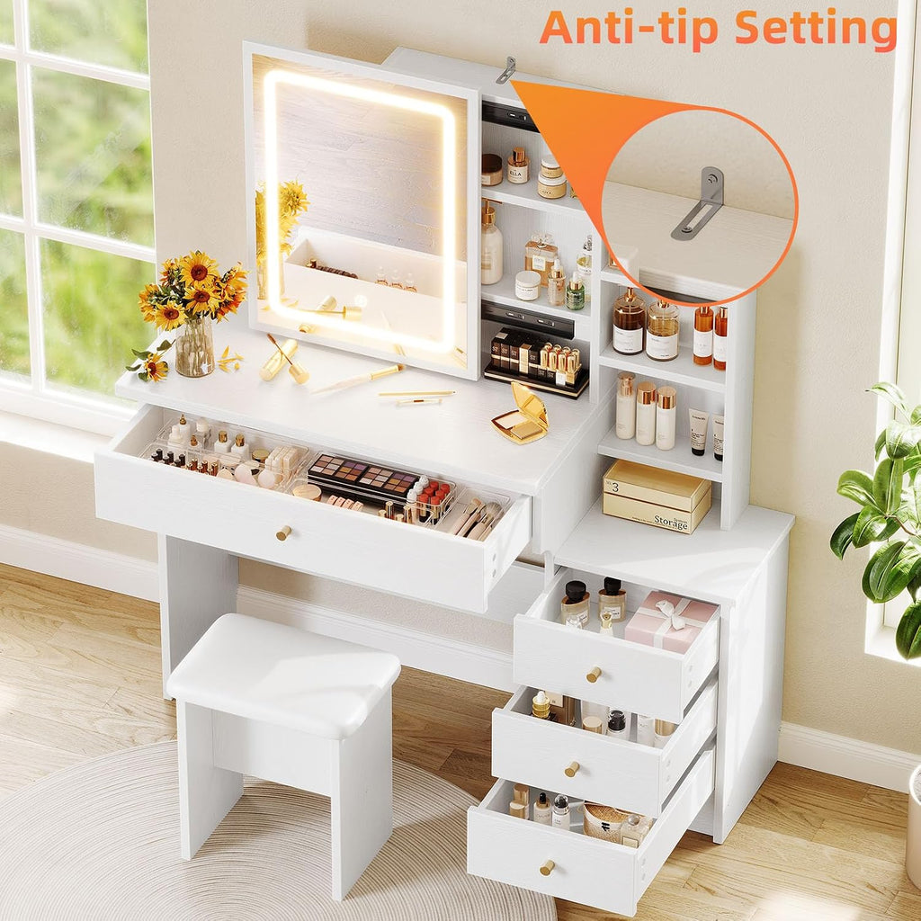 White Makeup Vanity Desk with Sliding Mirror & 4 Drawers | Smart LED Mirror, 3 Adjustable Lighting Modes, Vanity