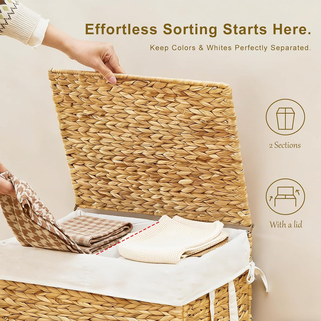 2-Section Laundry Hamper with Lid, Large Capacity Woven Natural Water Hyacinth Laundry Sorter with Removable Liners