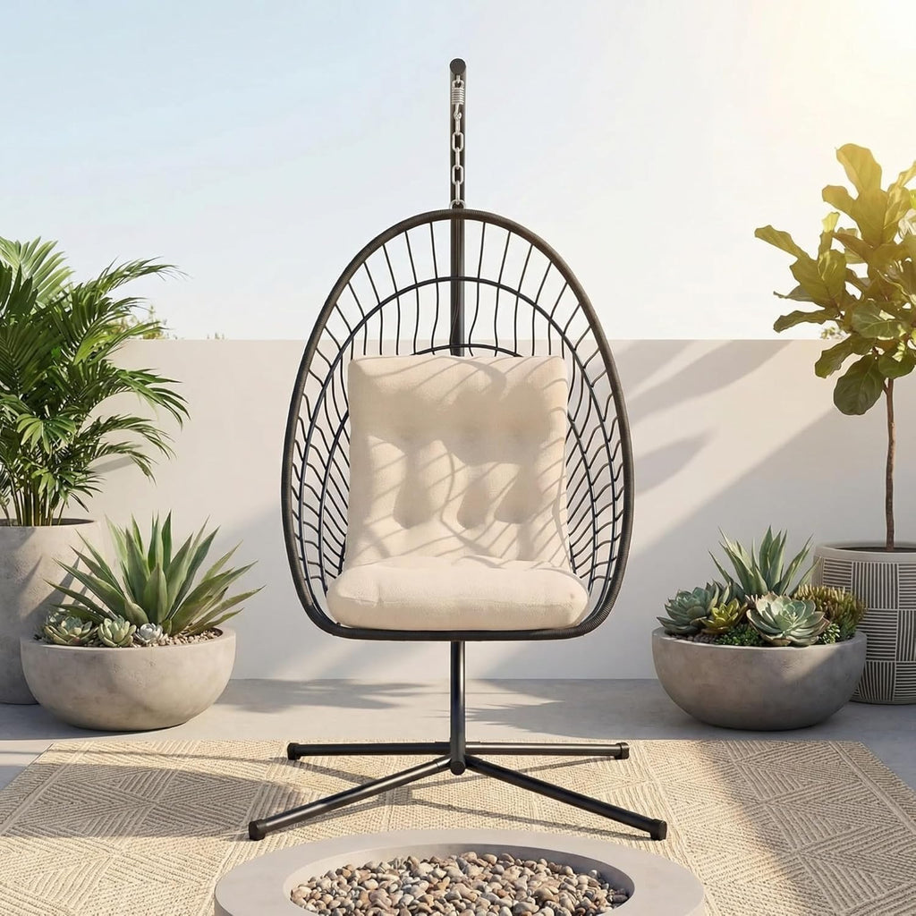 Hanging Egg Chair with Stand Indoor Outdoor, Foldable Rattan Wicker Hammock Egg Swing Chair Porch Patio Garden