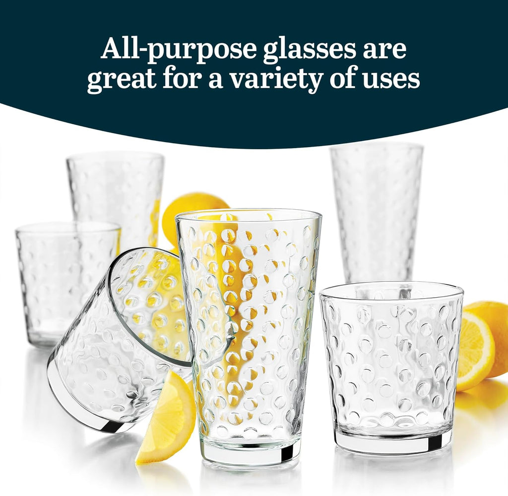 Awa Tumbler and Rock Glasses Drinking Set, Elegant Polka Dot Drinking Glasses Set of 16, All Purpose Glass Cups Set