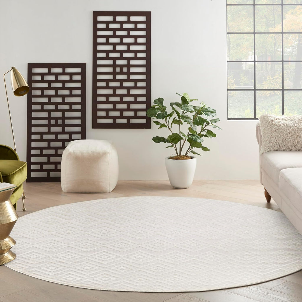 Home Versatile Ivory White 8' x Round Area Rug - Easy Clean, Non Shedding, Bed Room, Living Room, Dining Room
