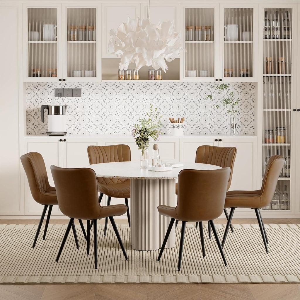 Dining Chairs Set of 6, PU Leather Upholstered Armless Dining Room Chairs with Metal Legs, Brown
