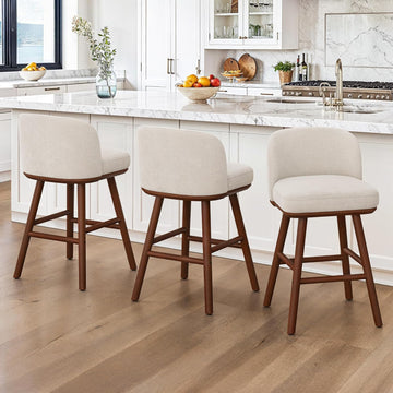 Counter Height Bar Stools Set of 3, Upholstered Barstools with Wooden Legs and Backs, 19.7" W & 27.6" H Counter