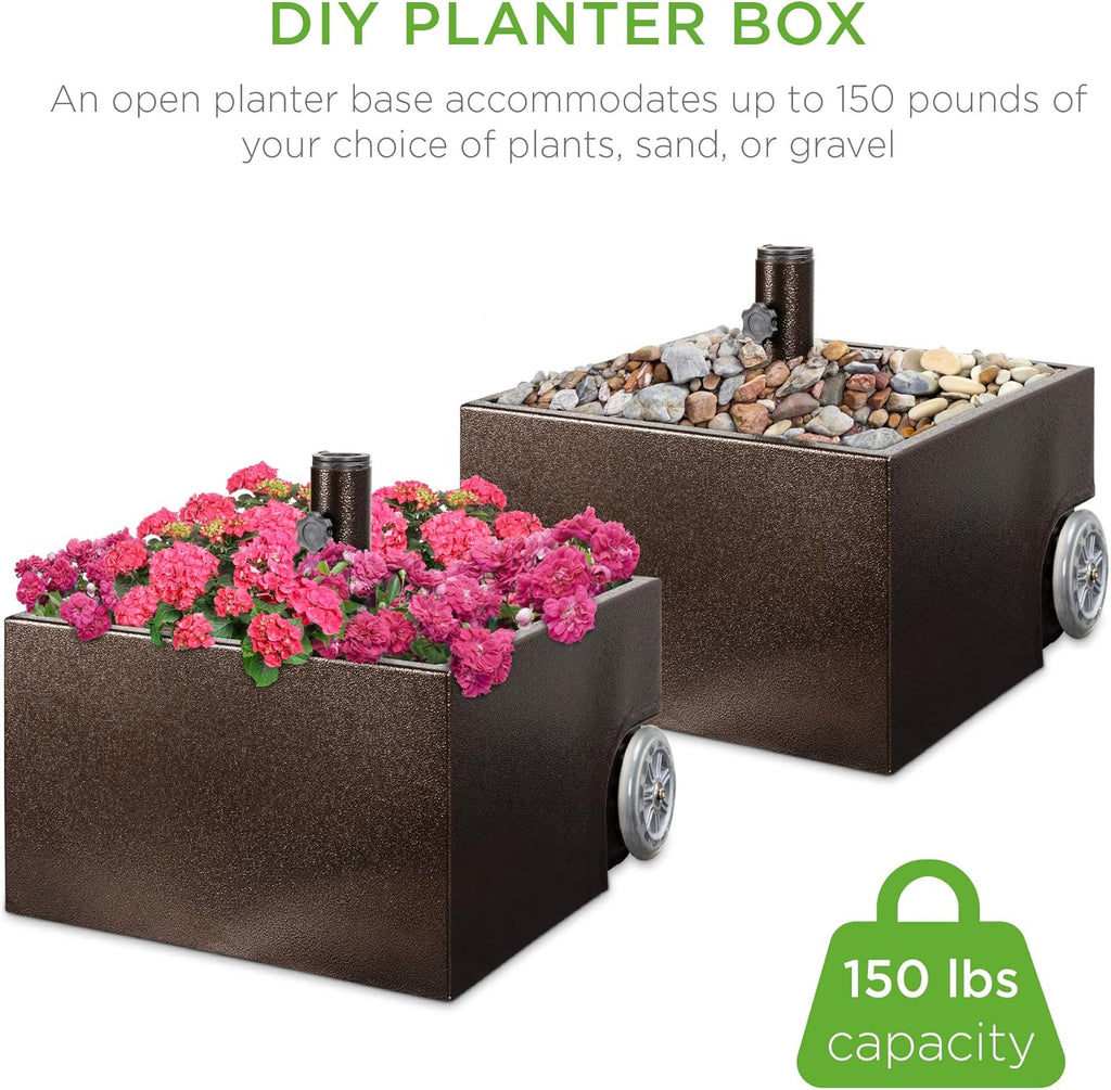 150lb Capacity Portable Steel Umbrella Base Stand w/Fillable Planter, Drainage, 2 Adjustment Knobs, Handle, Wheels
