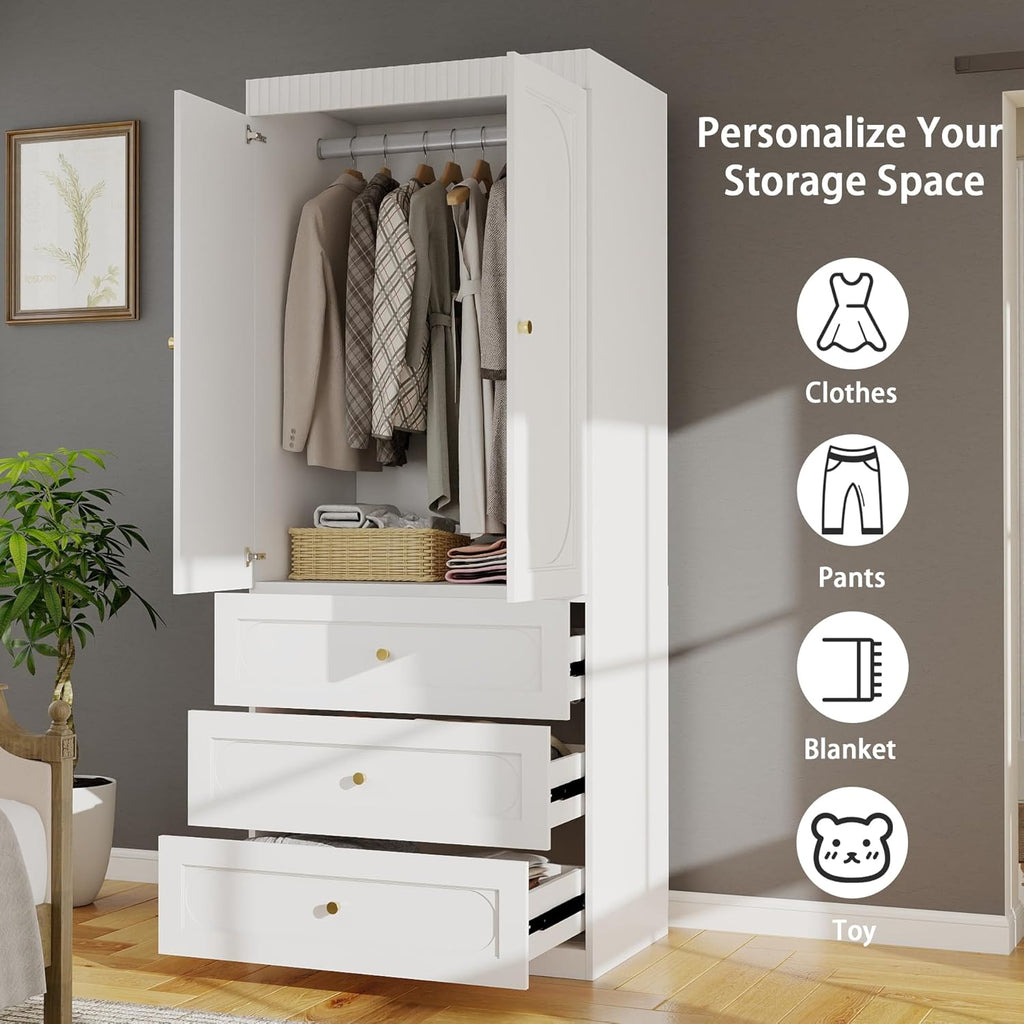 Armoire Wardrobe Closet with Drawers: 74" Tall White Wardrobe Closet with Doors, Large Bedroom Armoires for Clothes