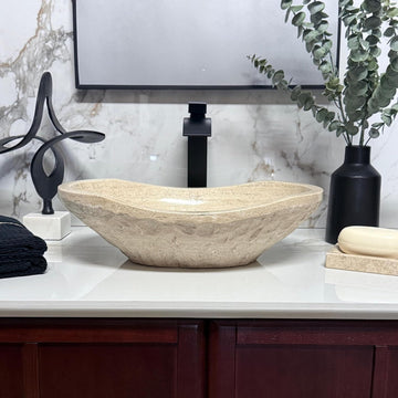 Natural Tan Travertine Vessel Sink - Modern Rustic Chiseled Oval Canoe Bathroom Sink - Hand-Carved Marble - Real Stone Basin