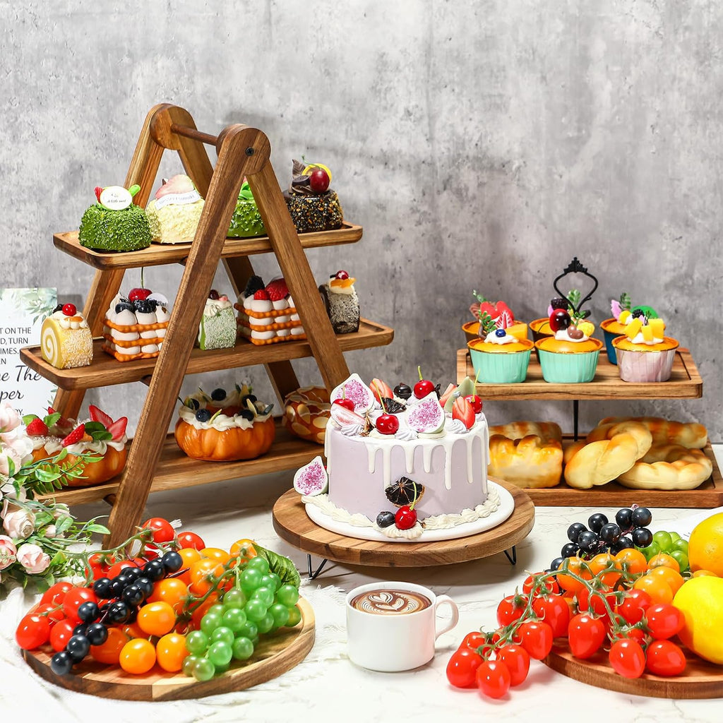 5 Pcs Wooden Dessert Table Display Set, Farmhouse 2 Tier Cupcake Stand 3 Tier Wood Cake Tower Round Serving Tray Food