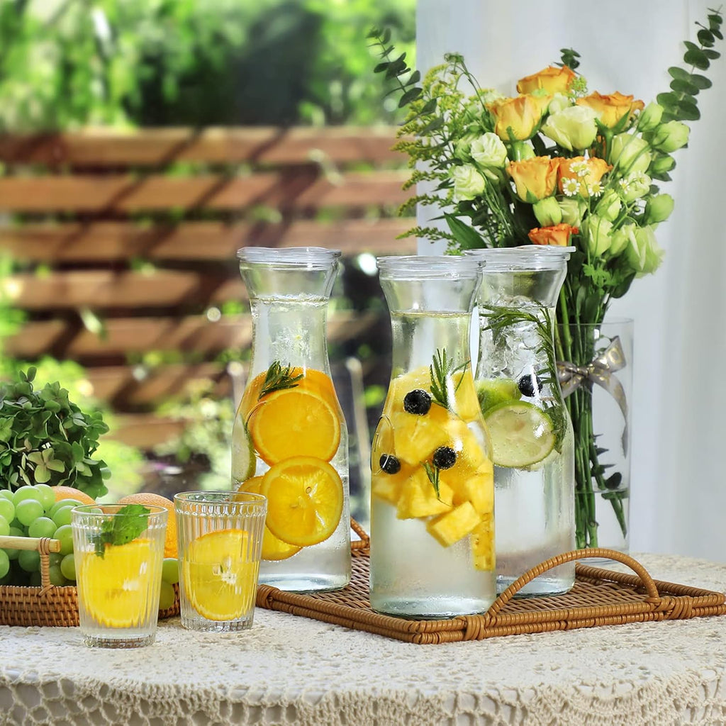 Set of 4 Glass Carafe with Lid, 1 Liter Beverage Serveware Carafe, Clear Glass Pitcher for Mimosa Bar, Brunch, Cold
