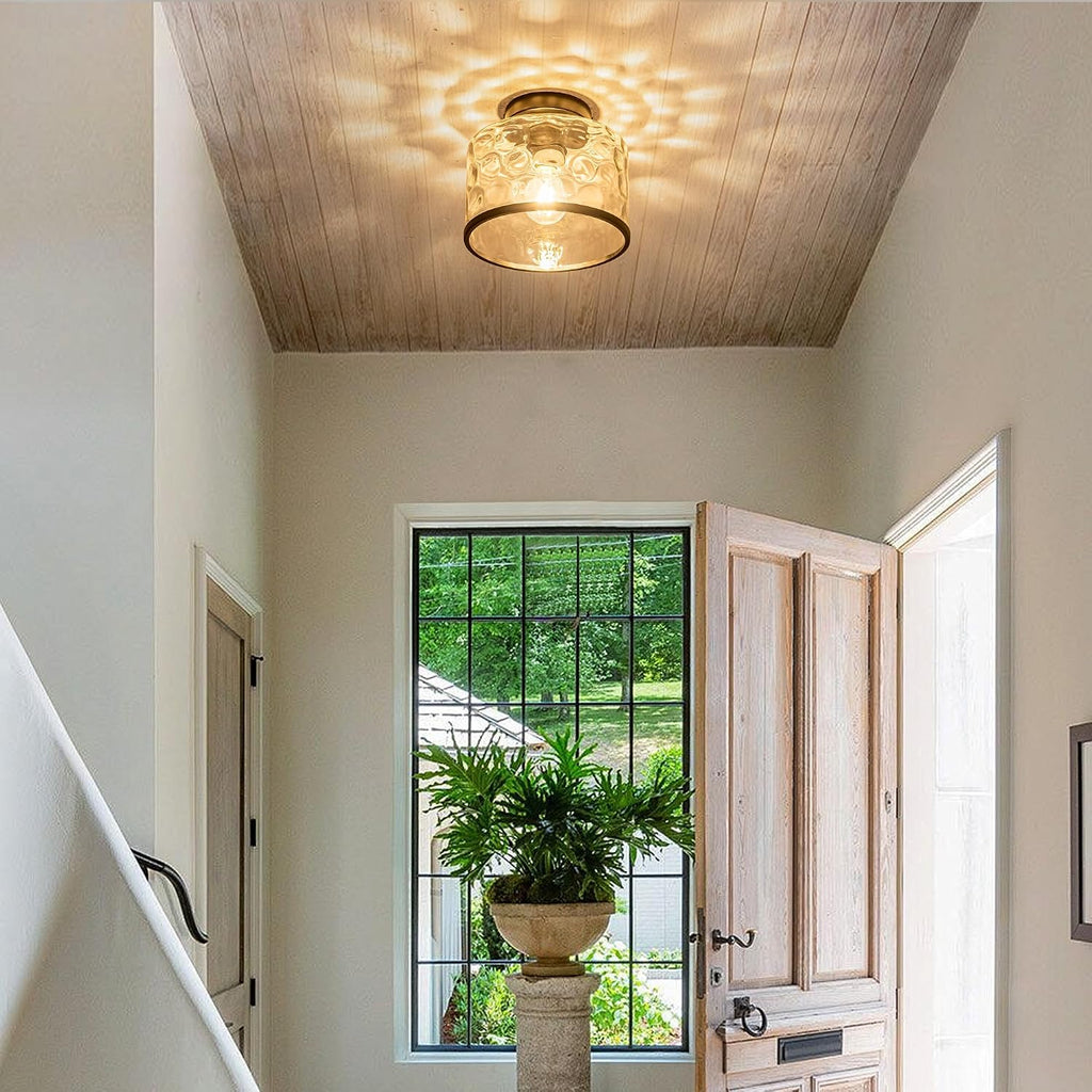 Glass Ceiling Light, Black Semi Flush Mount with Hammered Glass Shade, Farmhouse Light Fixture