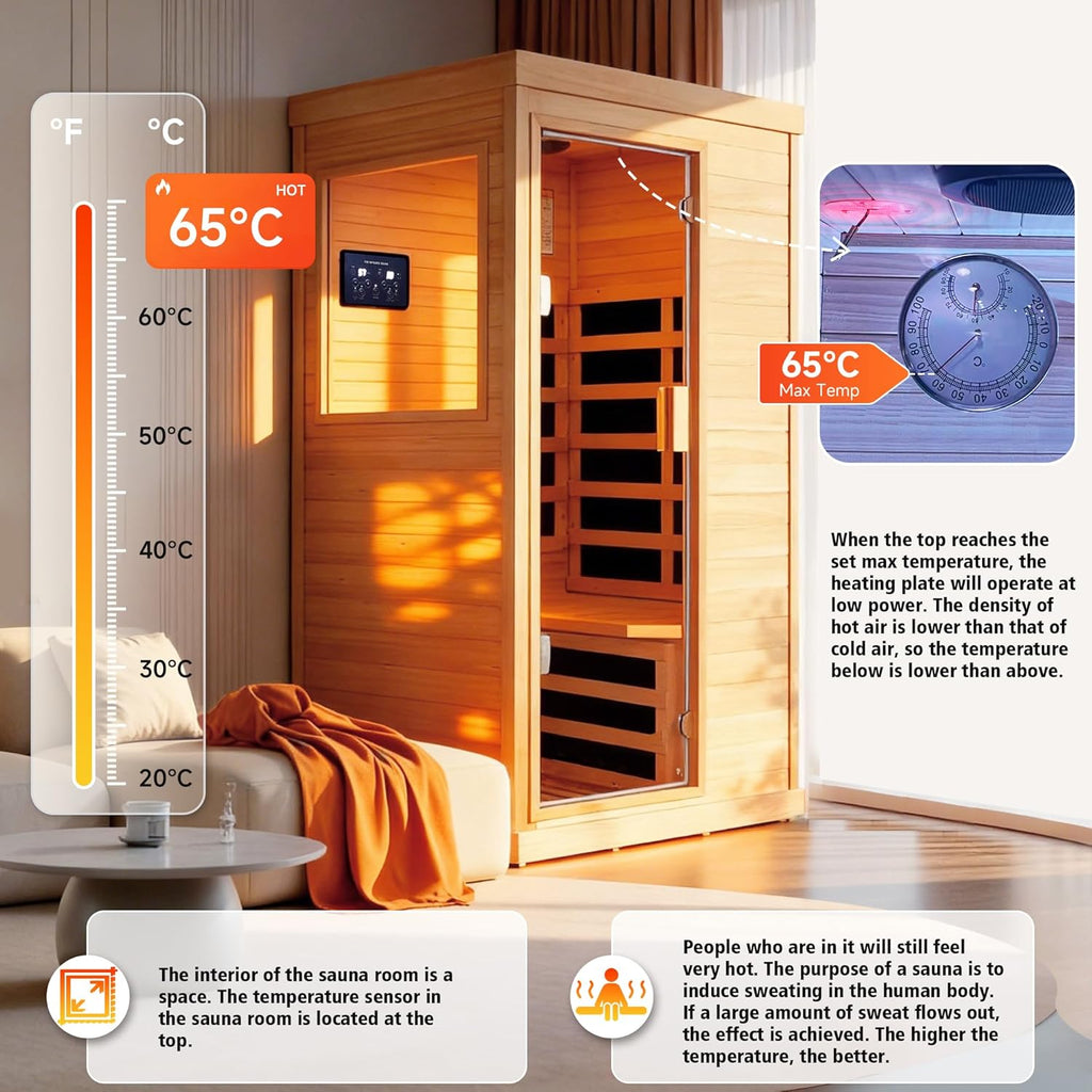 Far Infrared Sauna Home Sauna Spa Room Canadian Hemlock Wood 1200W Indoor Saunas Low EMF 110V with 7 Color Light and Tempered Glass Door, Room: 35.2 * 27.6 * 61.6Inch