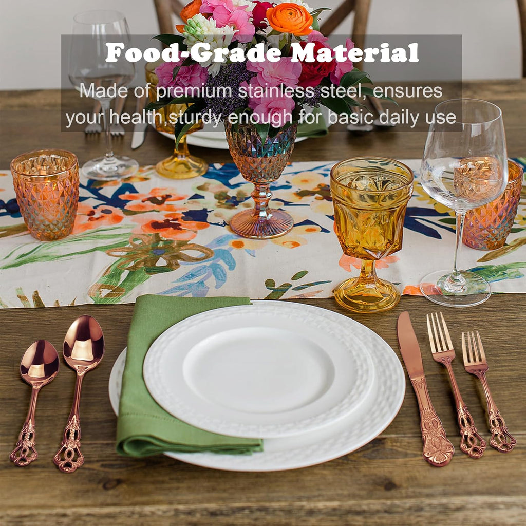 Retro Royal Rose Gold/Copper 48 Pieces Flatware Set, Gorgeous Silverware Set For 8