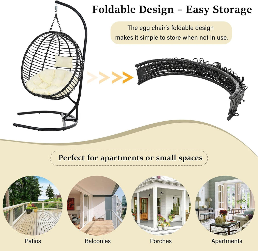 Indoor Outdoor Egg Chair with Stand, Foldable Egg Swing Chairs with Comfy Cushion/Removable Headrest/Adjustable Feet