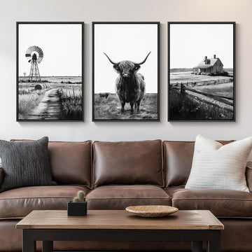 Large Framed Black and White Wall Art , Modern Highland Cow Canvas Prints Paintings Set of 3 Pieces, Contemporary
