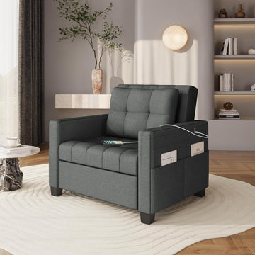 Sleeper Chair, Converts to Bed with USB Ports & Pocket, Dark Gray | Futon, Lounge Chair Fabric Sofa Bed 3-in-1