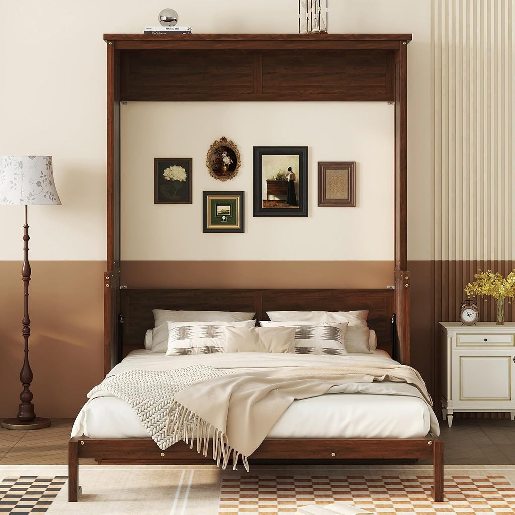 Queen Wood Murphy Bed, Space-Saving Hidden Wall Bed with Desk and Gas Struts, No Box Spring Needed, Walnut