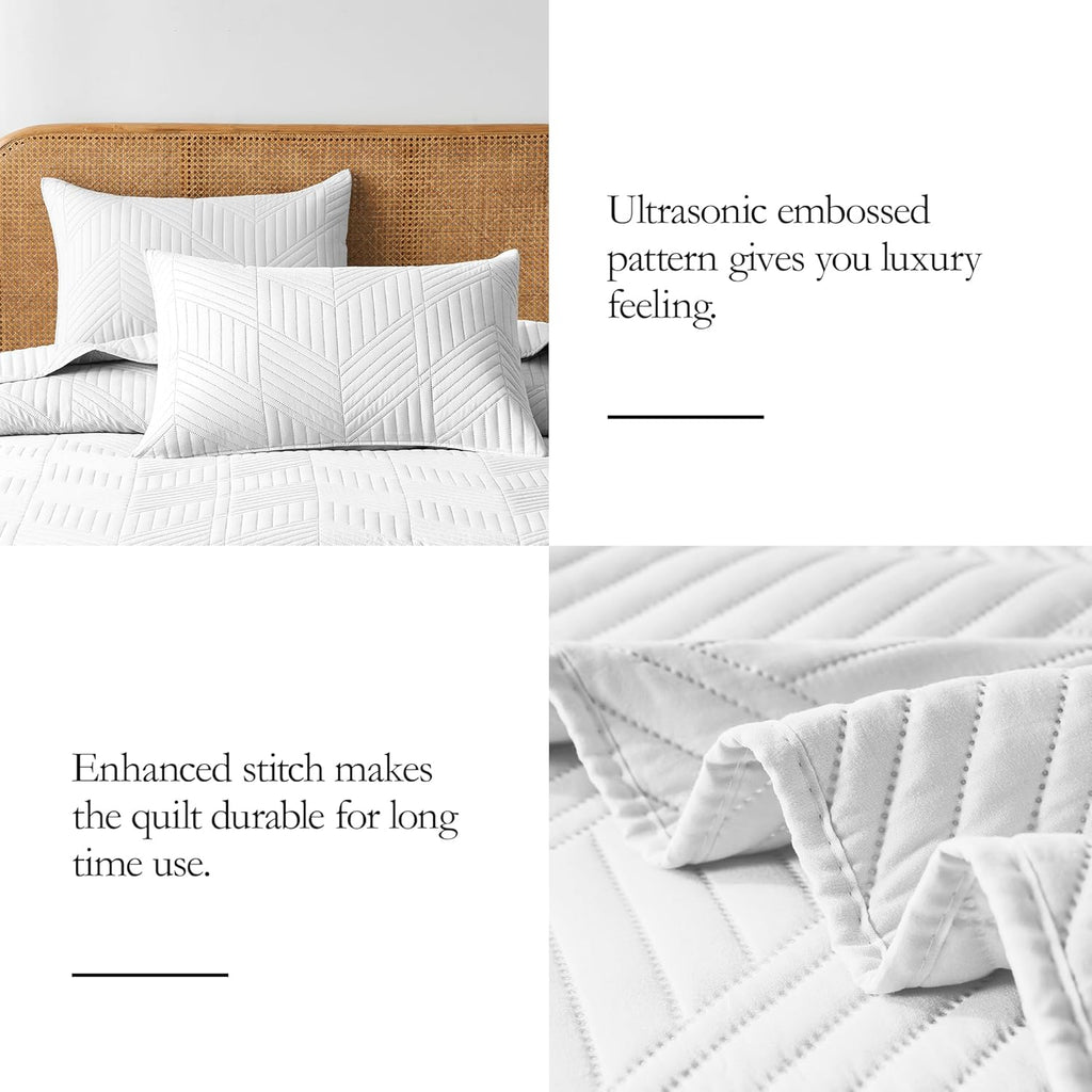 Quilt Bedding Set, White Ultrasonic Quilt Set Reversible Microfiber Bedspread, Lightweight Soft Modern